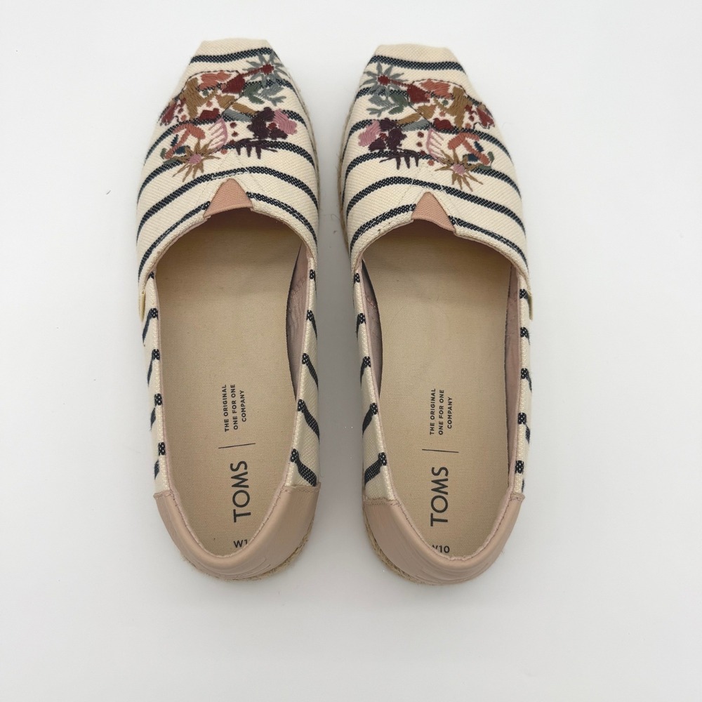 TOMS Classic Floral Embroidery Woven Stripe Alpargata Women Size 10 Cream Navy - Picture 2 of 9